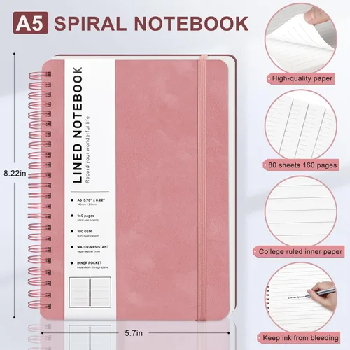 Miniatura 2 de Cuaderno de diario con líneas en espiral, cuaderno A5 de cuero de tapa dura para el trabajo, 5.7''×8.2'', papel grueso de 100GSM encuadernado