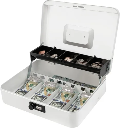 Jssmst - Caja grande de seguridad de metal con bandeja para dinero; caja de dinero con cerradura de combinación, color blanco, SM-CB0511L Cerradura
