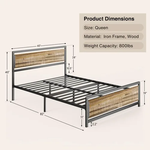 Miniatura 9 de Gizoon Cama de plataforma de metal Queen con cabecera de madera, listones de hierro de 15 pulgadas, gran almacenamiento debajo de la cama, sin Gris
