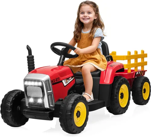SEHOMY Tractor de Power Wheels Rojo con Remolque, Carro Montable para Niños Pequeños con Control Remoto, 7 Faros LED, Motor Dual, Batería de 12V,