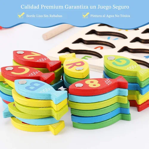 Miniatura 5 de Juguete Magnético de Pesca de Madera para Niños Pequeños, Juegos de Pesca y Conteo de Peces del Alfabeto, Rompecabezas con Números y Letras