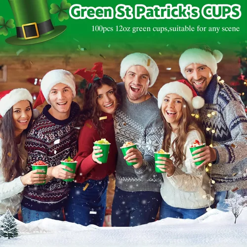 Miniatura 3 de Paquete de 100 Vasos de Plástico Verdes de 12 oz, Vasos Desechables para Fiestas, Vasos Resistentes para Beber, Vasos de Navidad para Bodas