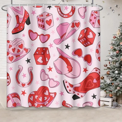 Miniatura 4 de Juego de cortinas de ducha de baño con 12 ganchos, corazón de vaquera rosa de San Valentín, decoración de baño, retro años 60 y 70 S, estética