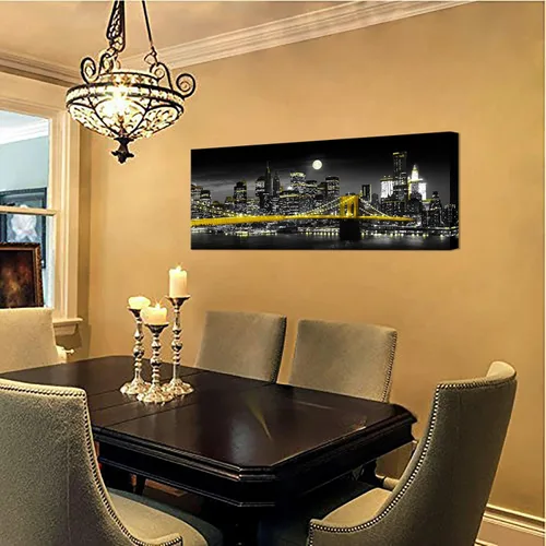 Miniatura 4 de Biuteawal Impresión en lienzo amarillo en blanco y negro de la ciudad de Nueva York, puente de Brooklyn en la noche de la luna, pintura fotográfica