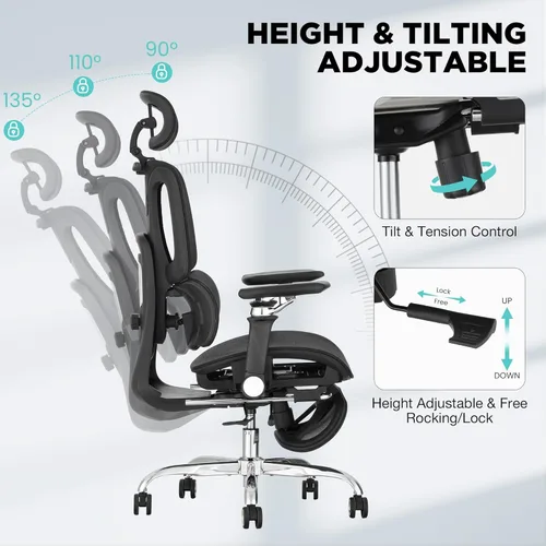 Miniatura 8 de Silla de oficina ergonómica con soporte lumbar dinámico de 3 zonas, silla de oficina de malla grande y alta con reposapiés, profundidad de asiento