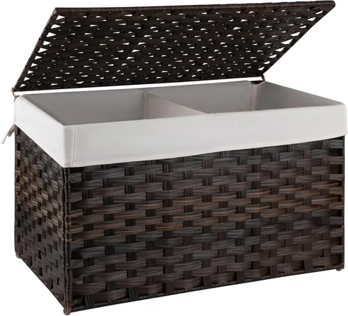 OIAHOMY Cesta de almacenamiento con tapa, cesta de manta de 27.7 galones (105 L) con bolsa extraíble con forro, cesta de mimbre sintético con asa,