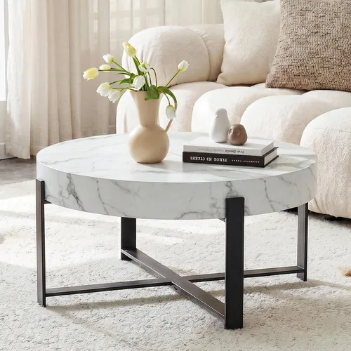 Miniatura 11 de Mesa de centro redonda de 30.7 pulgadas, mesas de centro modernas para sala de estar, mesa de té circular de madera con patas de metal