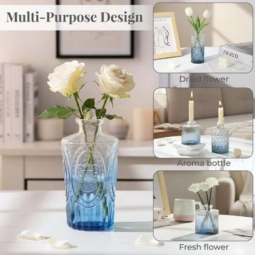 Miniatura 3 de Paquete de 12 jarrones de flores azules BEAHOT para decoración de boda, jarrón de cristal para decoración de mesa, jarrón pequeño para el hogar, día