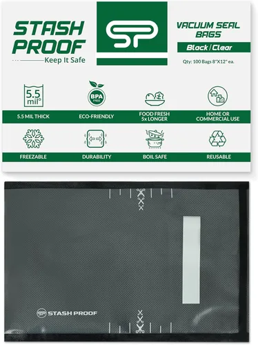 Bolsas de sellado al vacío de 8 x 12 pulgadas (100 unidades) de 5.5 mil (negro y transparente) – Sin BPA de grado comercial para almacenamiento,