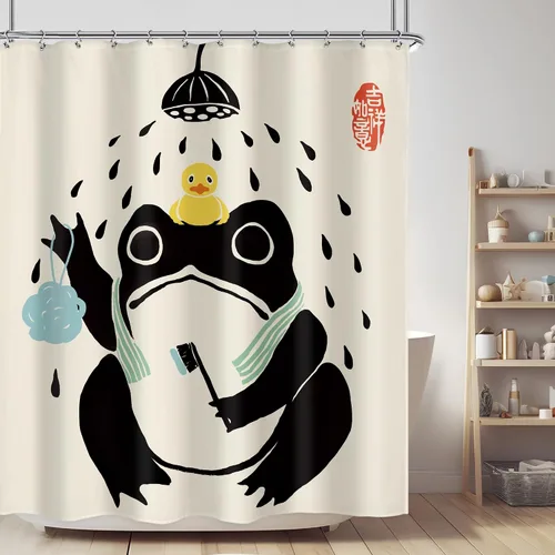 Miniatura 20 de Juego Divertido de Cortina de Rana Retro para Ducha, Juego de Baño 48x71 Pulgadas, Estilo Asiático Lindo, Arte Japonés Tradicional de Pato de Goma