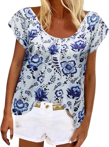 Women Shirts Casual Short Sleeve Tops Women Fashion Geometric Print Round Neck Short Sleeve Short Shirts for Women