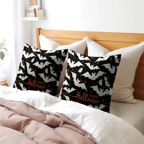 Miniatura 8 de Happy Halloween - Juego de 2 fundas de almohada decorativas de lino y algodón negro con diseño de murciélago blanco de 16 x 16 pulgadas, fundas