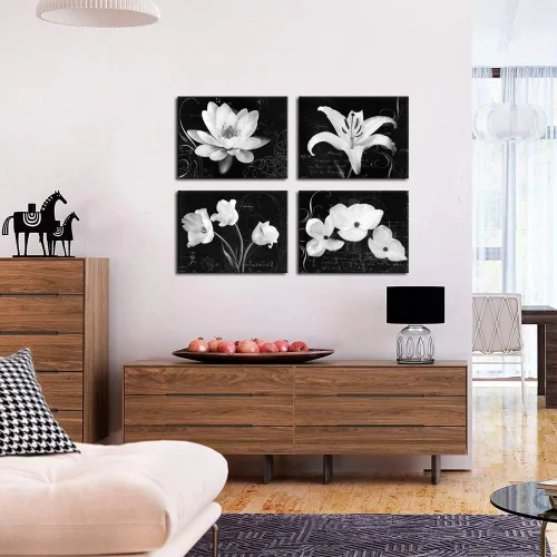 Miniatura 5 de Biuteawal - Impresiones en lienzo de flores, arte de magnolia lirio, pintura floral en blanco y negro, impresiones en lienzo para decoración