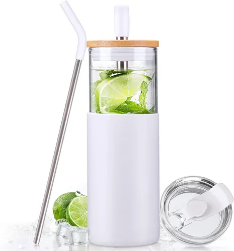 Miniatura 11 de Kodrine Vaso para agua de vidrio de 20 onzas con popote y tapa, botella de agua con tapas de bambú, taza para café helado, reutilizable, boca ancha