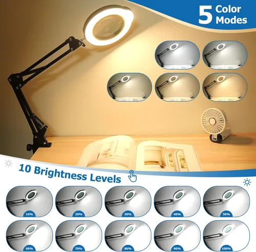 Miniatura 3 de Lupa de 15X 30X con luz y soporte, lámpara de escritorio LED con base y abrazadera, 5 modos de color, 10 niveles regulables, lupa manos libres