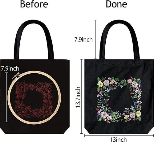 Miniatura 4 de Kit de bolsas bordadas estampadas para bricolaje, diseño de flores de pensamiento, con aros de patrón, hilos de costura, arte de costura, bolsa