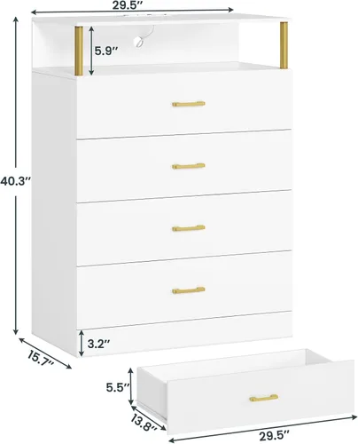 Miniatura 2 de AOGLLATI Cómoda blanca para dormitorio con diseño de columna, cómoda de 4 cajones con estación de carga, cómoda moderna led alta para dormitorio