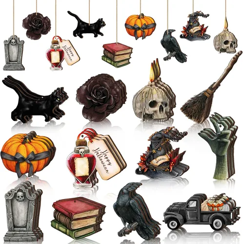 Miniatura 7 de Maitys 36 piezas de adornos de Navidad góticos, adornos de árbol de Navidad de madera espeluznantes de terror, fantasmas morados y rosas, gato