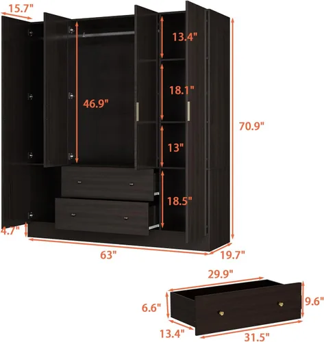 Miniatura 2 de AGOTENI Armario grande para dormitorio con 1 espejo y 2 cajones, armario de 70.9 pulgadas de alto con puertas y estantes, barra para colgar