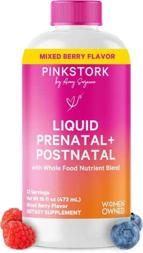 Pink Stork Vitaminas prenatales líquidas: mezcla orgánica de alimentos integrales + folato + hierro + zinc + vitamina C + saúco + biotina, mejor