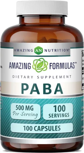 Amazing Formulas PABA - Suplemento de 500 mg | Cápsulas | Sin OMG | Sin gluten | Fabricado en Estados Unidos (paquete de 1 | 100 unidades)