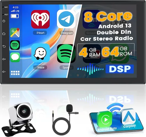 [8-Core 4+64G] Hikity Android 15 Doble DIN Estéreo, 7 pulgadas pantalla táctil Radio inalámbrico Carplay Android Auto Mirror Link, unidad principal