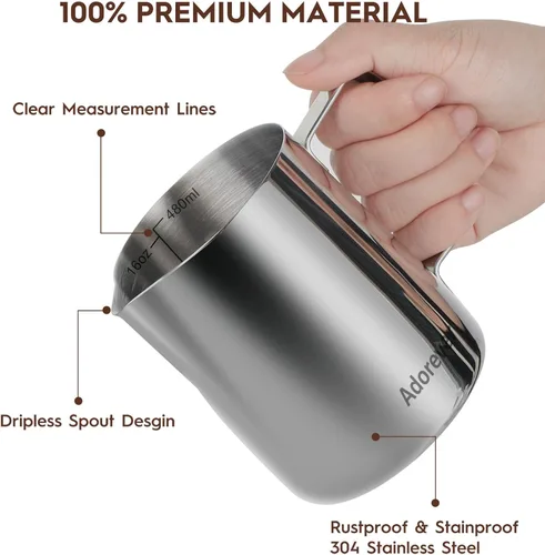 Miniatura 2 de Adorever Jarra espumadora de leche, taza espumadora de leche de acero inoxidable de 16 onzas y 16.2 fl oz, barra de café, cafetera de capuchino