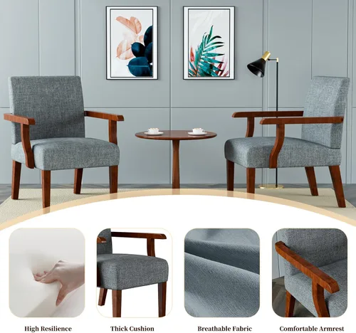 Miniatura 5 de Juego de 2 sillas decorativas, sillas tapizadas de lino con mesa redonda de madera, silla moderna para sala de estar, dormitorio y oficina (gris)