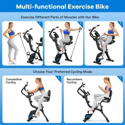Miniatura 3 de pooboo - Bicicleta de ejercicio plegable, bicicleta estática vertical plegable, bicicleta magnética para interiores X-Bike con resistencia ajustable