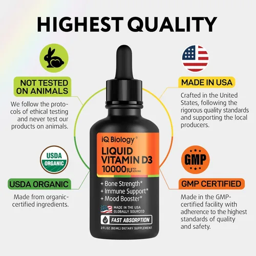 Miniatura 5 de Vitamina líquida D3 10000 UI (250 mcg) – Gotas de vitamina D orgánica USDA para adultos y niños – Suministro para 100 días – Vit D3 con aceite MCT