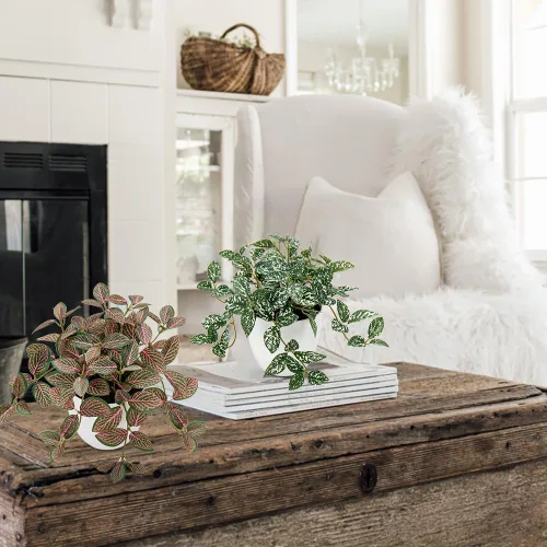 Miniatura 4 de Hollyone Plantas falsas, 2 paquetes de plantas artificiales de interior con maceta de plástico blanco, pequeña planta falsa en maceta para el hogar
