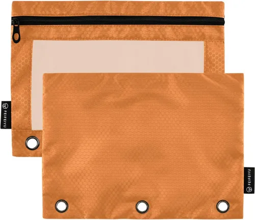 Estuche naranja para carpeta de 3 anillas, paquete de 2 bolsas para lápices con ventana transparente con cremallera y ojales reforzados, estuche