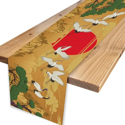 Miniatura 4 de Camino de mesa japonés, retro, tradicional, vintage, grúa, nubes, asiático, oriental, ondas, plantas, naturaleza, camino de mesa para el hogar