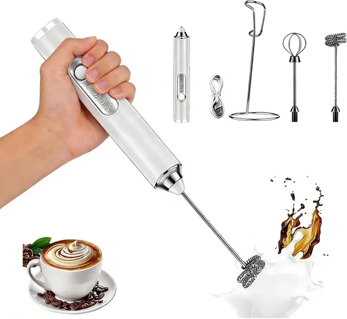 Miniatura 9 de Espumador de leche de mano para café, varita espumadora de mano, batidor eléctrico de 3 velocidades ajustables, mezclador de bebidas con 2 batidores