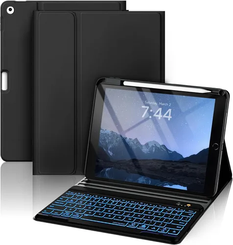 OYEEICE Funda de teclado para iPad 6ª/5ª generación de 9.7 pulgadas, teclado inalámbrico desmontable retroiluminado de 7 colores, cubierta magnética