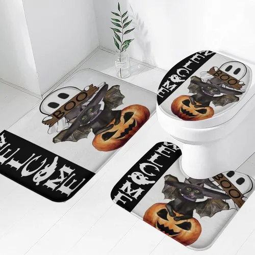 Miniatura 22 de Tapete de baño de 3 piezas de otoño con diseño de calabaza, color azul y verde, hojas de arce, cosecha, decoración de Acción de Gracias, juego