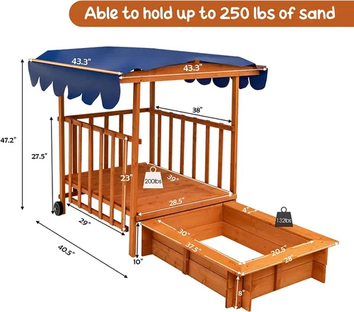 Miniatura 6 de HONEY JOY Caja de arena 3 en 1 para niños con casa de juegos y toldo, madera de cedro sin fondo para patio trasero con ruedas, barandillas