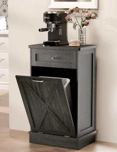 Miniatura 11 de TOLEAD Gabinete de basura oculto de madera de 10 galones con parte superior y cajón de madera maciza, contenedor de basura de cocina de granja