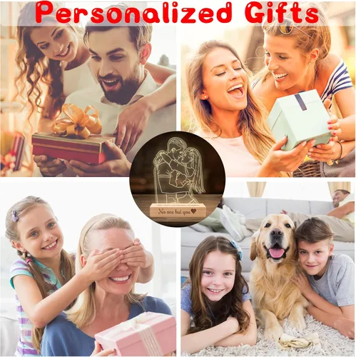 Miniatura 4 de Lámpara de fotos personalizada de ilusión de retrato 3D, placa grabada con imagen personalizada, luz nocturna con base de madera, lámpara LED