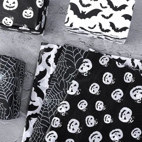 Miniatura 5 de Whaline Papel de seda de Halloween de calabaza en blanco y negro, 13.8 x 19.7 pulgadas, papel decorativo de regalo para Halloween, truco y trato