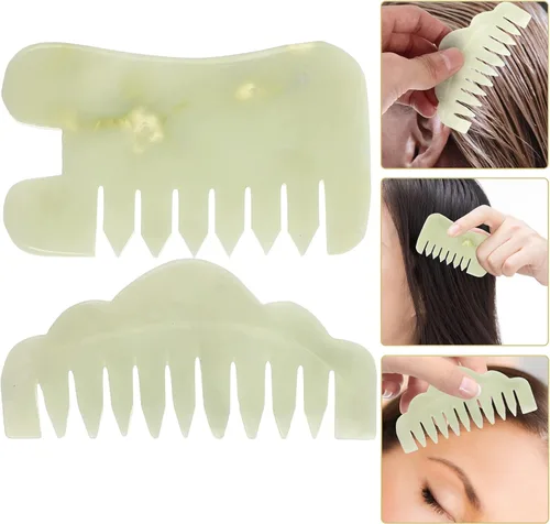Miniatura 6 de Healifty Peine de pelo de jade para masaje del cuero cabelludo y terapia Gua Sha, peine de raspado de jade de doble propósito para belleza capilar