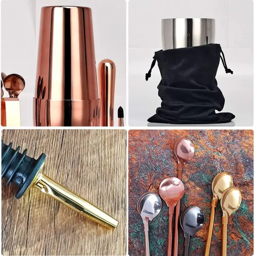 Miniatura 3 de Kit de coctelera de 17 piezas con soporte, coctelera Boston, cuchara mezcladora, Muddler, jigger medidor, exprimidor de limón, pinzas, sacacorchos