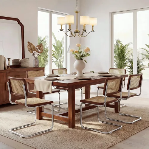 Miniatura 11 de Flouki Juego de 4 sillas de comedor de ratán, sillas decorativas bohemias para cocina con malla de caña natural, diseño voladizo de mediados