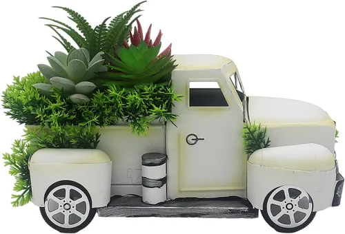 Decoración de camión de metal de granja con suculentas artificiales, camioneta de hierro rústico con maceta sintética extraíble para decoración de