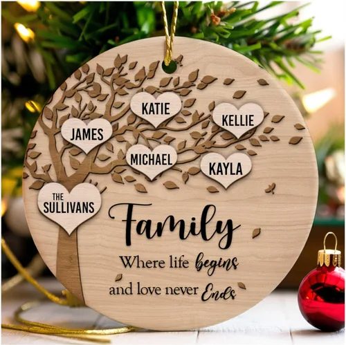 Miniatura 2 de Family Where Life Begins and Never Ends - Adorno de Navidad personalizado de cerámica de 3 pulgadas con caja de regalo (5 nombres)