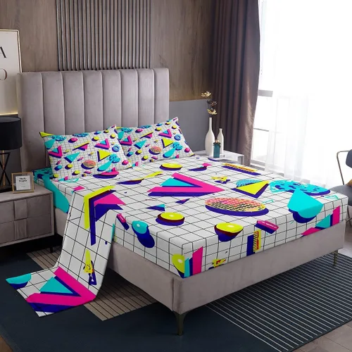 Miniatura 9 de Erosebridal Sábana bajera ajustable de los años 80, juego de sábanas geométricas de los años 80 y 90, decoración de Memphis, 80 estilos para Multi 04