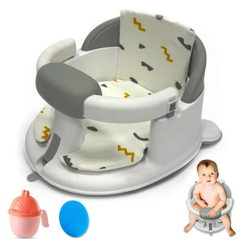 BEBECAN Asientos de Baño Antideslizantes para Bebés 6-12 Meses, Silla de Bañera para Niños Pequeños con Cojín Lavable, Cepillo de Tapa y Taza de