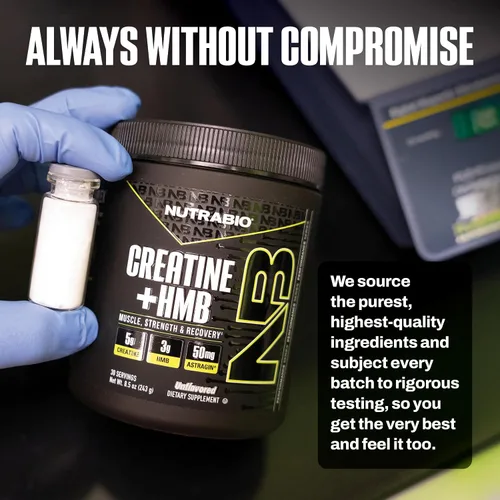 Miniatura 8 de NutraBio Creatina + HMB - Monohidrato de creatina con polvo de HMB para el crecimiento muscular, mayor fuerza - 30 porciones (sin sabor)