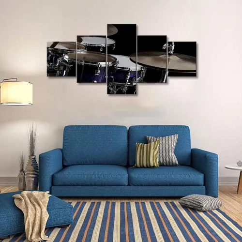 Miniatura 2 de Arte de pared en blanco y negro, kit de batería de jazz morado sobre fondo negro, pinturas de 5 paneles, lienzo, arte de pared para decoración