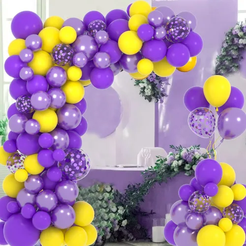 Miniatura 2 de Kit de arco de guirnalda de globos morados y amarillos, 122 globos de confeti amarillo lavanda metálico morado para cumpleaños, boda, aniversario